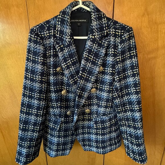 Boston Proper Plaid Tweed Double Breasted Blue Blazer Size 12 - Picture 1 of 5